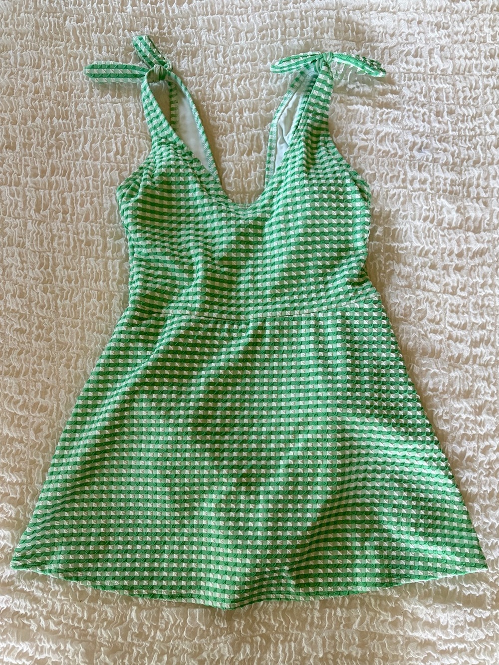 Lands' End Green and White Gingham swim dress size 12 NEW with tags